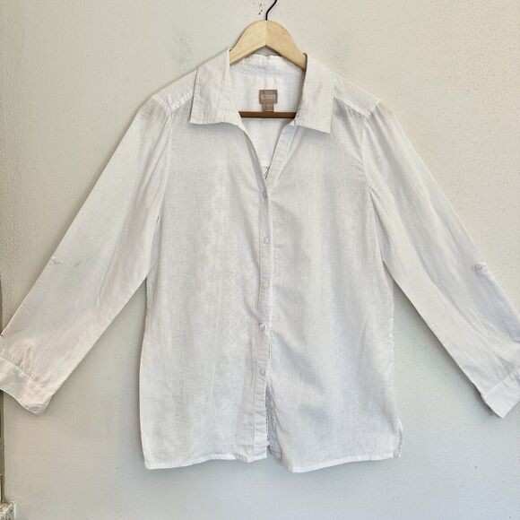 Chico's Tops - Chicos | Linen Crochet Back Button Shirt Roll Tab Sleeves Top Size 1 -‎ Med - 44
